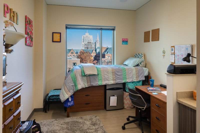A residence hall room in Saint Louis University's Grand Hall.