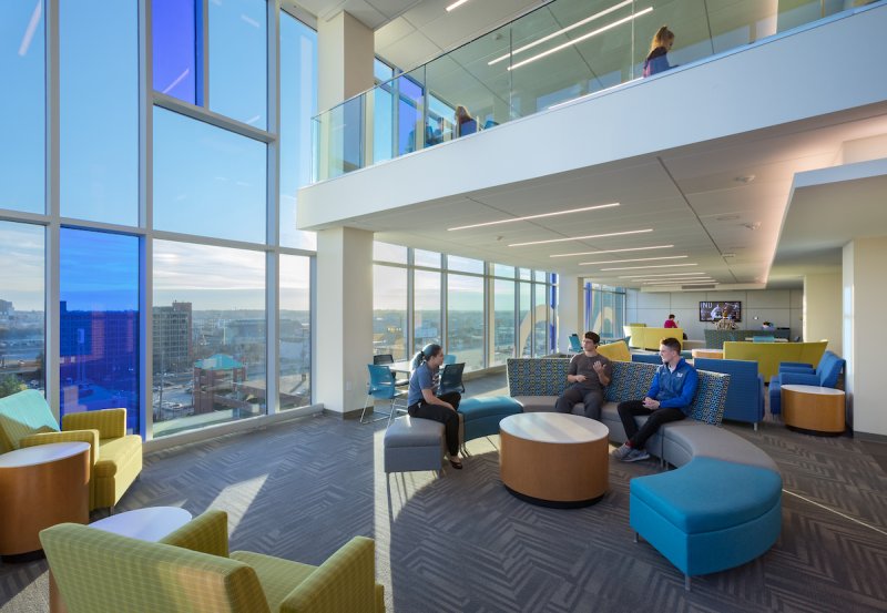A common area inside Saint Louis University's Grand Hall.