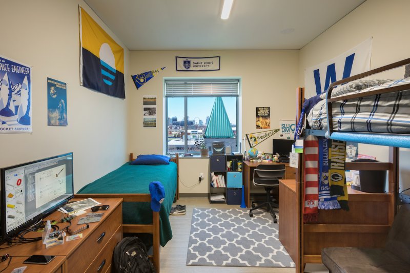 A residence hall room inside Saint Louis University's Grand Hall.